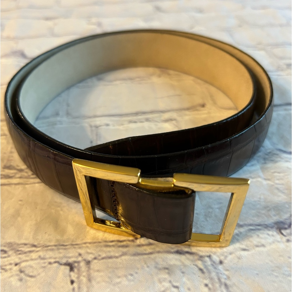 VINTAGE ELLEN TRACY GENUINE ITALIAN LEATHER CROC GOLD TONE BUCKLE WOMENS BELT M